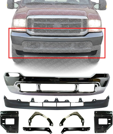 Front Bumper Chrome + Lower Valance + Mounting Plate & Support Brackets Left Driver & Right Passenger Side Direct Replacement Compatible With 2001-2004 Ford F-Series Super Duty