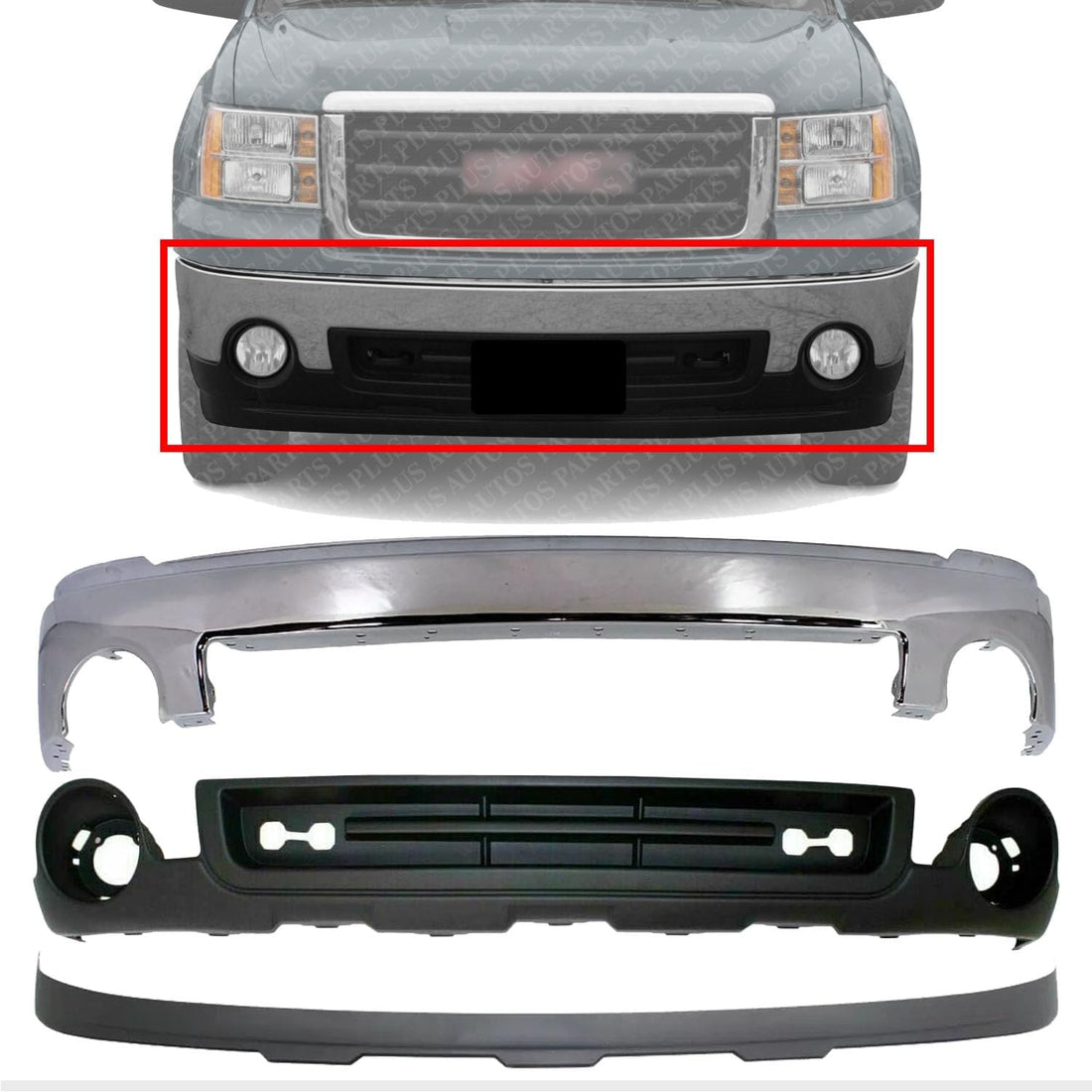 Front Bumper Chrome Steel + Lower Valance Air Deflector + Extension Textured Direct Replacement Compatible With GMC Sierra 1500 2007-2013 GM1015100 GM1002833 GM1092211 15901505