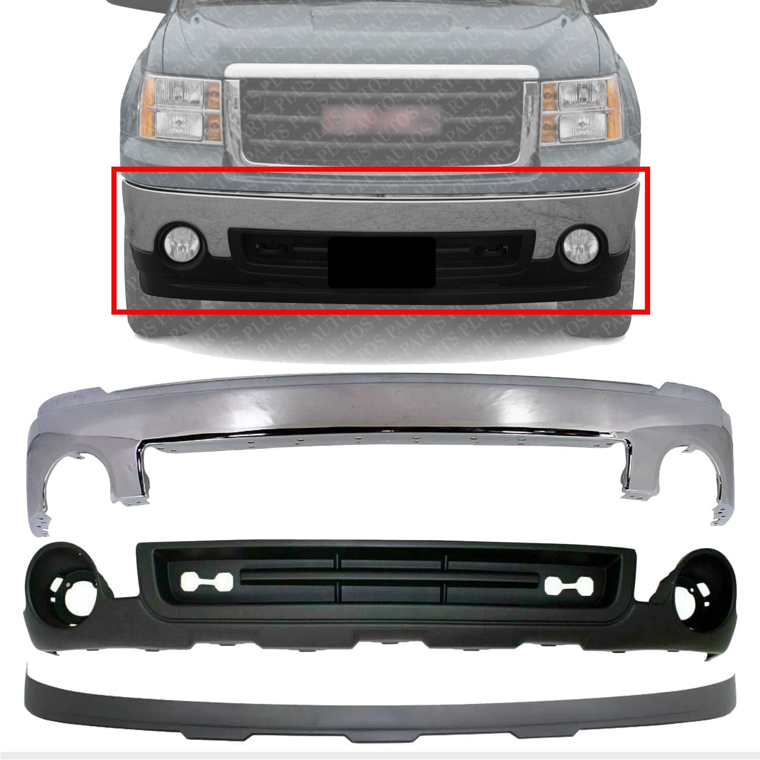 Front Bumper Chrome Steel + Lower Valance Air Deflector + Extension Textured Direct Replacement Compatible With GMC Sierra 1500 2007-2013 GM1015100 GM1002833 GM1092211 15901505