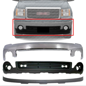 Front Bumper Chrome Steel + Lower Valance Air Deflector + Extension Textured Direct Replacement Compatible With GMC Sierra 1500 2007-2013 GM1015100 GM1002833 GM1092211 15901505