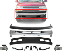Front Bumper Chrome Steel + Upper Cover + Lower Valance + Brackets + Fog Lamps Left & Right Side Direct Replacement Compatible With 1999-2002 Silverado 1500/2000-2006 Tahoe/Suburban