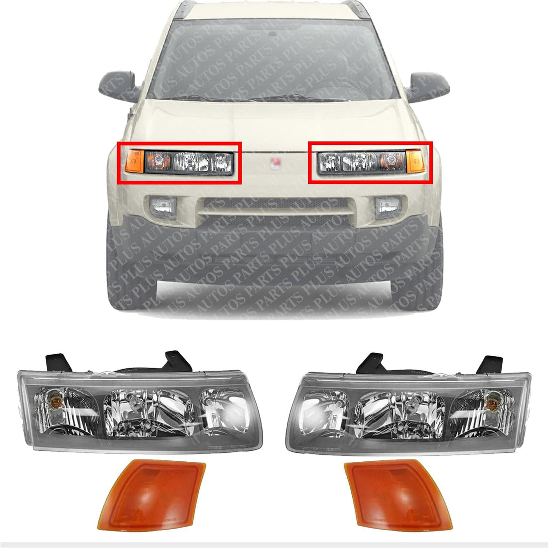 Front Head Lights + Side Marker Lamps Left Driver & Right Passenger Side Direct Replacement Compatible With 2000-2004 Saturn Vue GM2502228 GM2503228 GM2550188 GM2551188 22702945