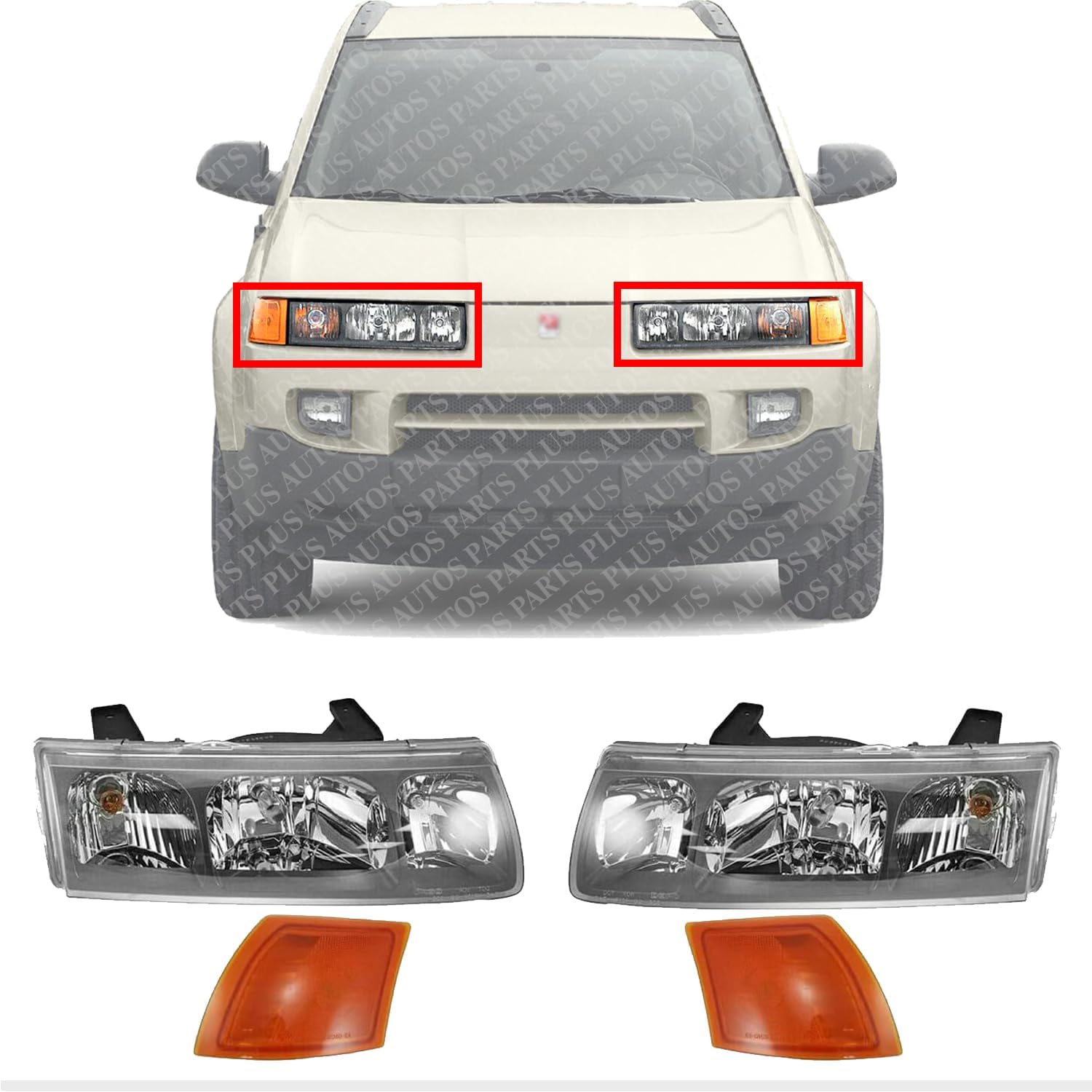 Front Head Lights + Side Marker Lamps Left Driver & Right Passenger Side Direct Replacement Compatible With 2000-2004 Saturn Vue GM2502228 GM2503228 GM2550188 GM2551188 22702945