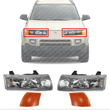 Front Head Lights + Side Marker Lamps Left Driver & Right Passenger Side Direct Replacement Compatible With 2000-2004 Saturn Vue GM2502228 GM2503228 GM2550188 GM2551188 22702945