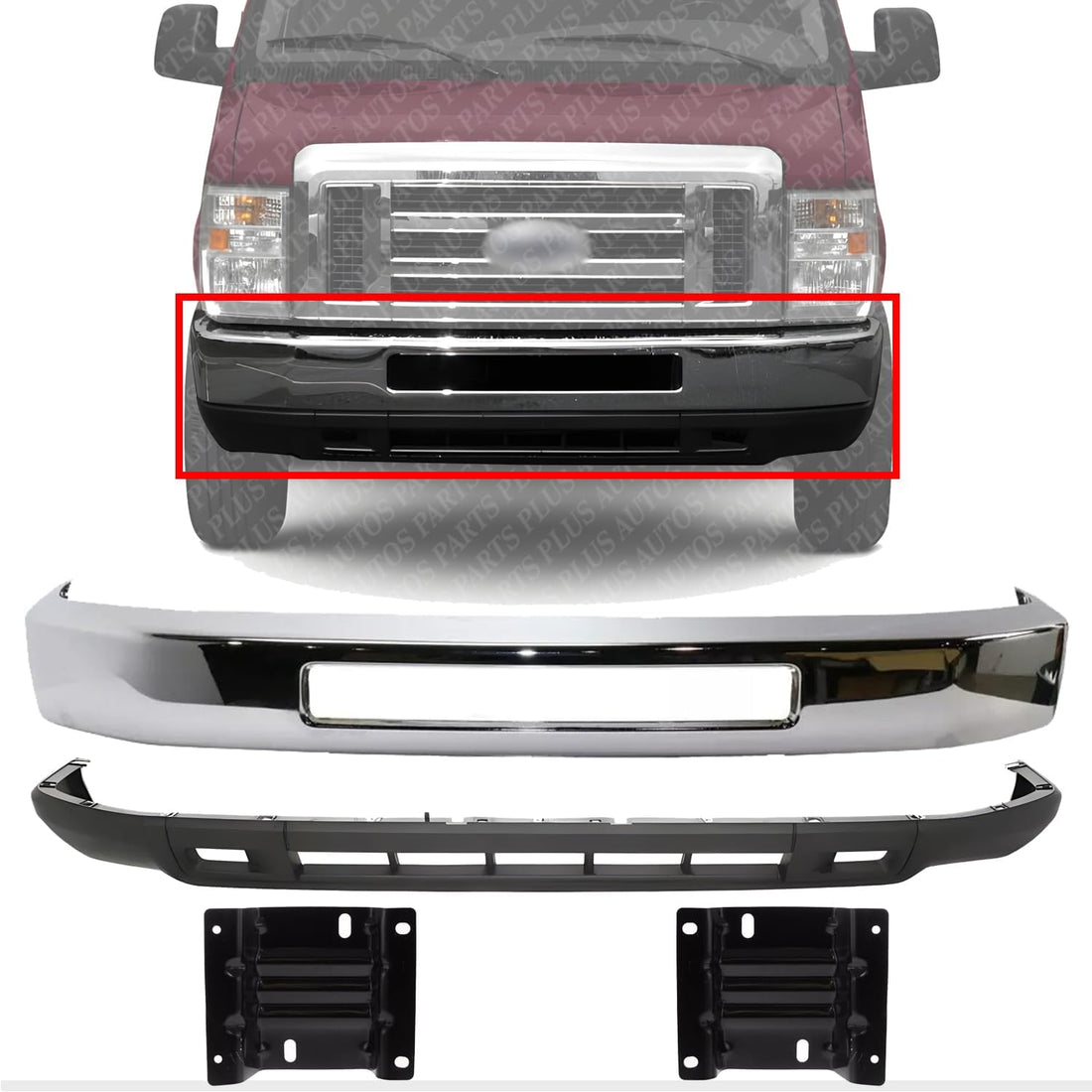 AUTOS PARTS PLUS Front Bumper Chrome Steel + Lower Valance Textured + Mounting Plate Bracket Right Passenger & Left Driver Side Direct Replacement Compatible With 2008-2014 Ford E- Series Super Duty