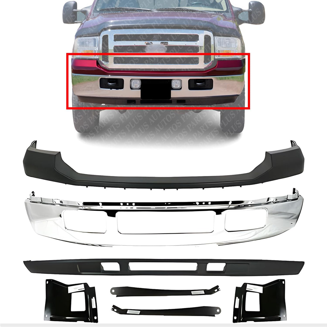 AUTOS PARTS PLUS Front Bumper Chrome Steel + Upper Cover Primed + Lower Valance Textured + Outer Mounting Brackets Direct Replacement Compatible With 2005-2007 Ford F-Series Super Duty FO1066164