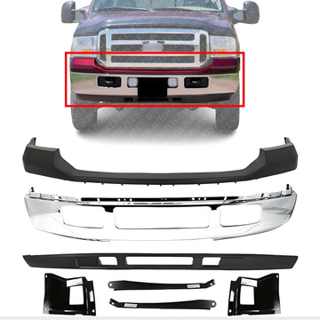 AUTOS PARTS PLUS Front Bumper Chrome Steel + Upper Cover Primed + Lower Valance Textured + Outer Mounting Brackets Direct Replacement Compatible With 2005-2007 Ford F-Series Super Duty FO1066164