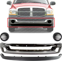 Front Bumper Chrome Steel + Lower Valance Air Deflector Textured + Fog Light Cover Left & Right Side Direct Replacement Compatible With 2002-2009 Dodge Ram 1500/2003-2009 2500 3500
