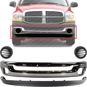Front Bumper Chrome Steel + Lower Valance Air Deflector Textured + Fog Light Cover Left & Right Side Direct Replacement Compatible With 2002-2009 Dodge Ram 1500/2003-2009 2500 3500