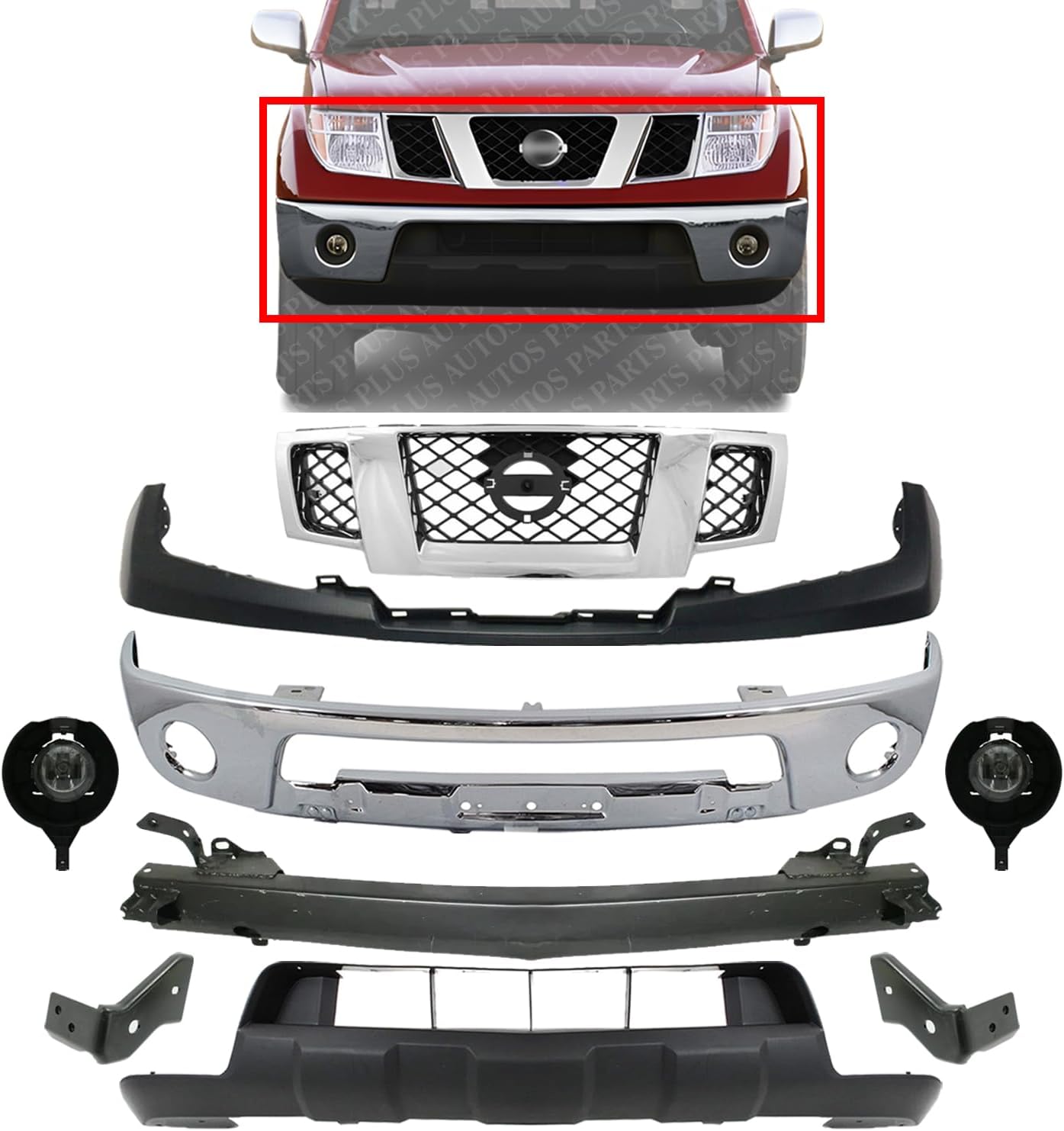 Front Bumper + Grille Chrome + Upper Cover + Lower Valance Primed + Reinforcement + Brackets + Fog Lamps Left & Right Side Direct Replacement Compatible With 2009-2017 Nissan Frontier