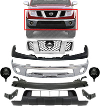 Front Bumper + Grille Chrome + Upper Cover + Lower Valance Primed + Reinforcement + Brackets + Fog Lamps Left & Right Side Direct Replacement Compatible With 2009-2017 Nissan Frontier