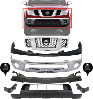 Front Bumper + Grille Chrome + Upper Cover + Lower Valance Primed + Reinforcement + Brackets + Fog Lamps Left & Right Side Direct Replacement Compatible With 2009-2017 Nissan Frontier