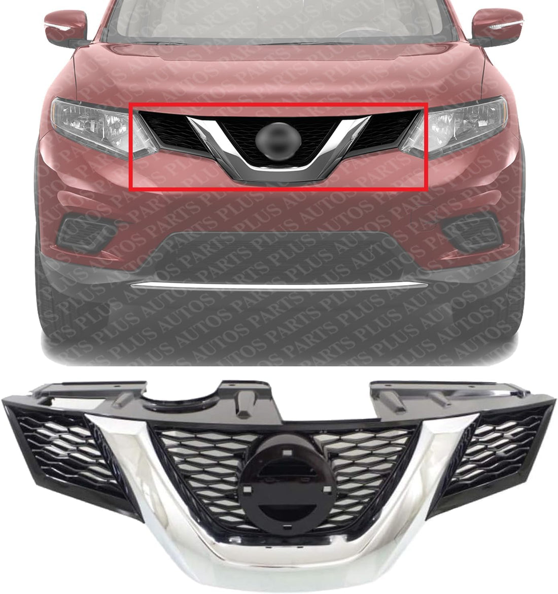 Front Grille Primed With Chrome Molding Plastic Direct Replacement Compatible With 2014-2015 Nissan Rogue NI1200258 623104BA0A