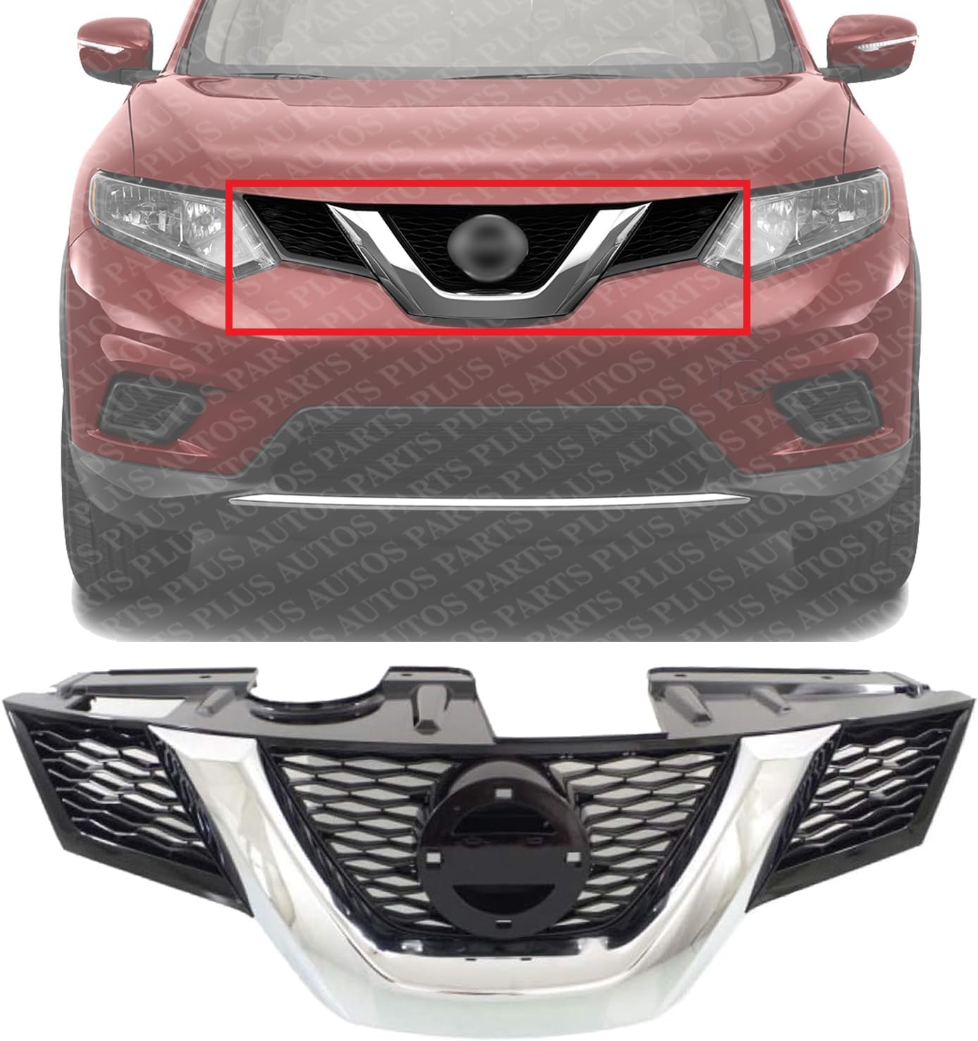 Front Grille Primed With Chrome Molding Plastic Direct Replacement Compatible With 2014-2015 Nissan Rogue NI1200258 623104BA0A