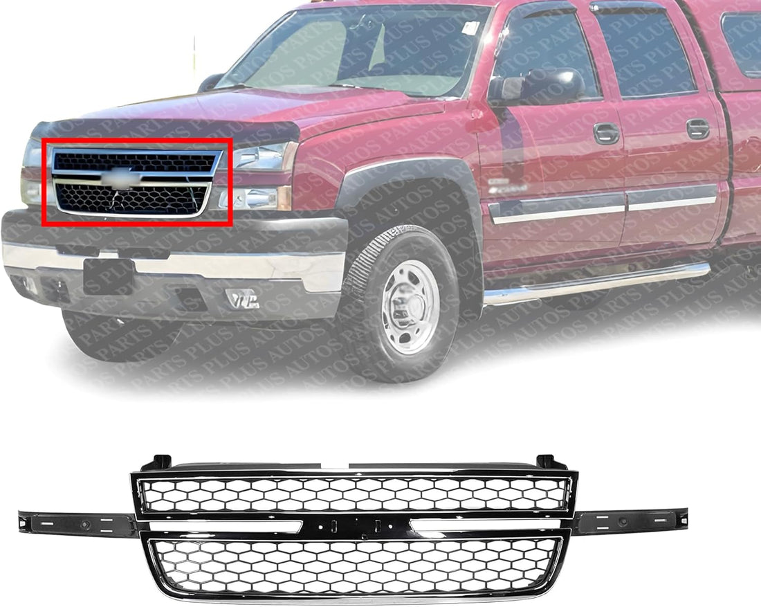 Front Grille Chrome Shell And Gray Insert Without Center Bar Direct Replacement Compatible with 2003-2006 Chevrolet Silverado 2500HD 3500 GM1200546 12335956