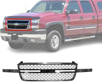Front Grille Chrome Shell And Gray Insert Without Center Bar Direct Replacement Compatible with 2003-2006 Chevrolet Silverado 2500HD 3500 GM1200546 12335956