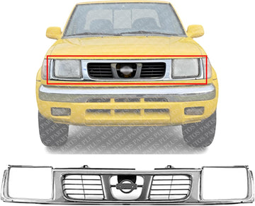 Front Grille Chrome Shell & Black Insert Direct Replacement Compatible With 1998-2000 Nissan Frontier NI1200183 623103S510