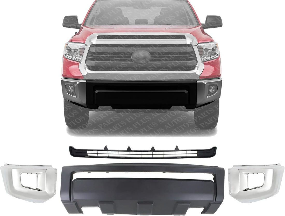 Front Bumper Cover + Grille Textured + End Caps Chrome Steel Left Driver & Right Passenger Side Direct Replacement Compatible With 2014-2021 Toyota Tundra TO1000404 TO1036147