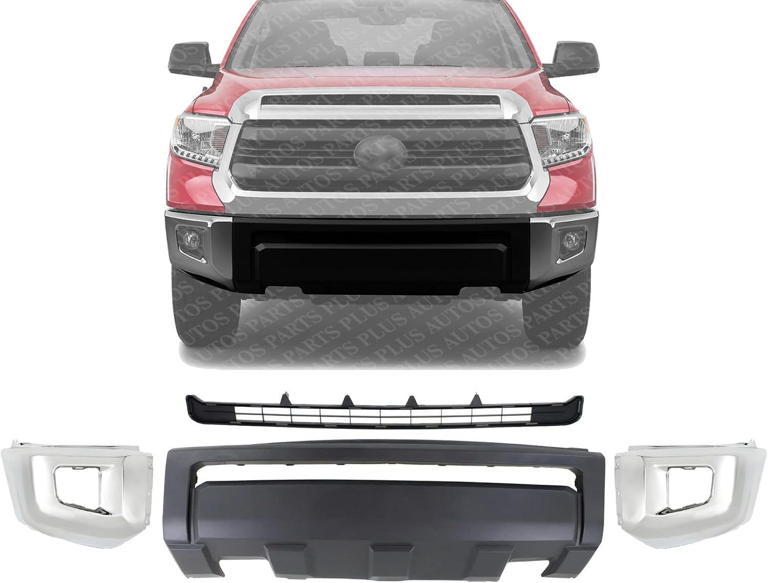 Front Bumper Cover + Grille Textured + End Caps Chrome Steel Left Driver & Right Passenger Side Direct Replacement Compatible With 2014-2021 Toyota Tundra TO1000404 TO1036147