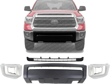 Front Bumper Cover + Grille Textured + End Caps Chrome Steel Left Driver & Right Passenger Side Direct Replacement Compatible With 2014-2021 Toyota Tundra TO1000404 TO1036147