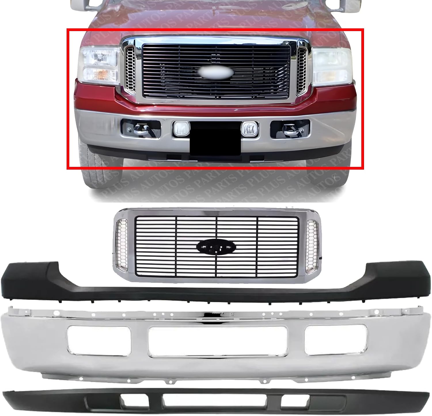 AUTOS PARTS PLUS Front Bumper + Grille Chrome Shell With Horizontal Bar Insert + Upper Cover + Lower Valance Textured Direct Replacement Compatible With 2006-2007 Ford F-250 / F-350 Super Duty