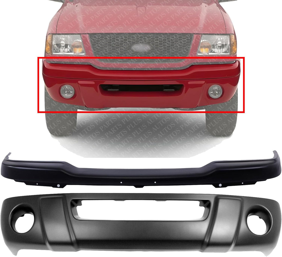 Front Bumper Steel + Lower Valance Panel Primed Plastic With Fog Light Holes Direct Replacement Compatible With Ford Ranger Edge 2001-2003 FO1002380 FO1095189 1L5Z17626CAD 1L5Z17757JA