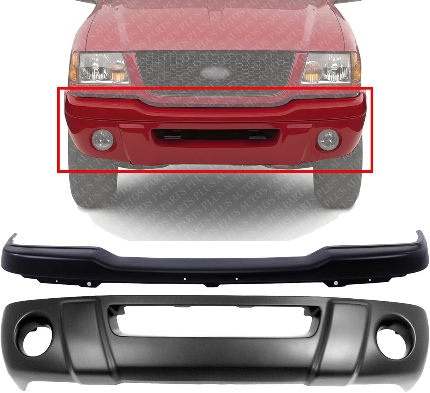 Front Bumper Steel + Lower Valance Panel Primed Plastic With Fog Light Holes Direct Replacement Compatible With Ford Ranger Edge 2001-2003 FO1002380 FO1095189 1L5Z17626CAD 1L5Z17757JA