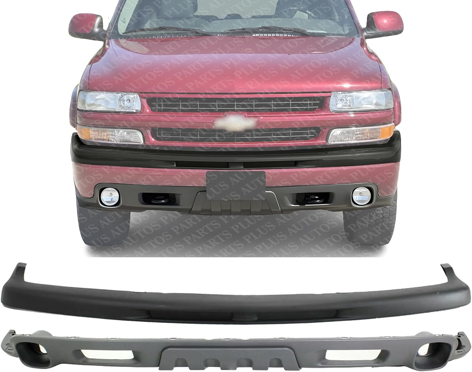 Front Bumper Face Bar Upper Cover Black + Lower Valance Air Deflector Textured Gray Direct Replacement Compatible With 2000-2006 Chevrolet Tahoe GM1092209 GM1051103 15050703 15766483