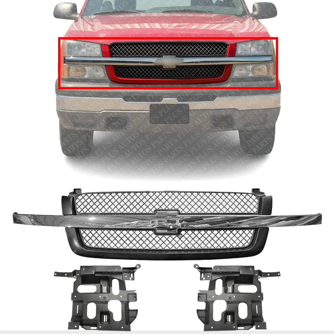 Front Grill Mesh Gray With Chrome Center Bar + Headlight Brackets Left Driver & Right Passenger Side Direct Replacement Compatible With 2003-2006 Chevrolet Silverado 1500 2500 3500