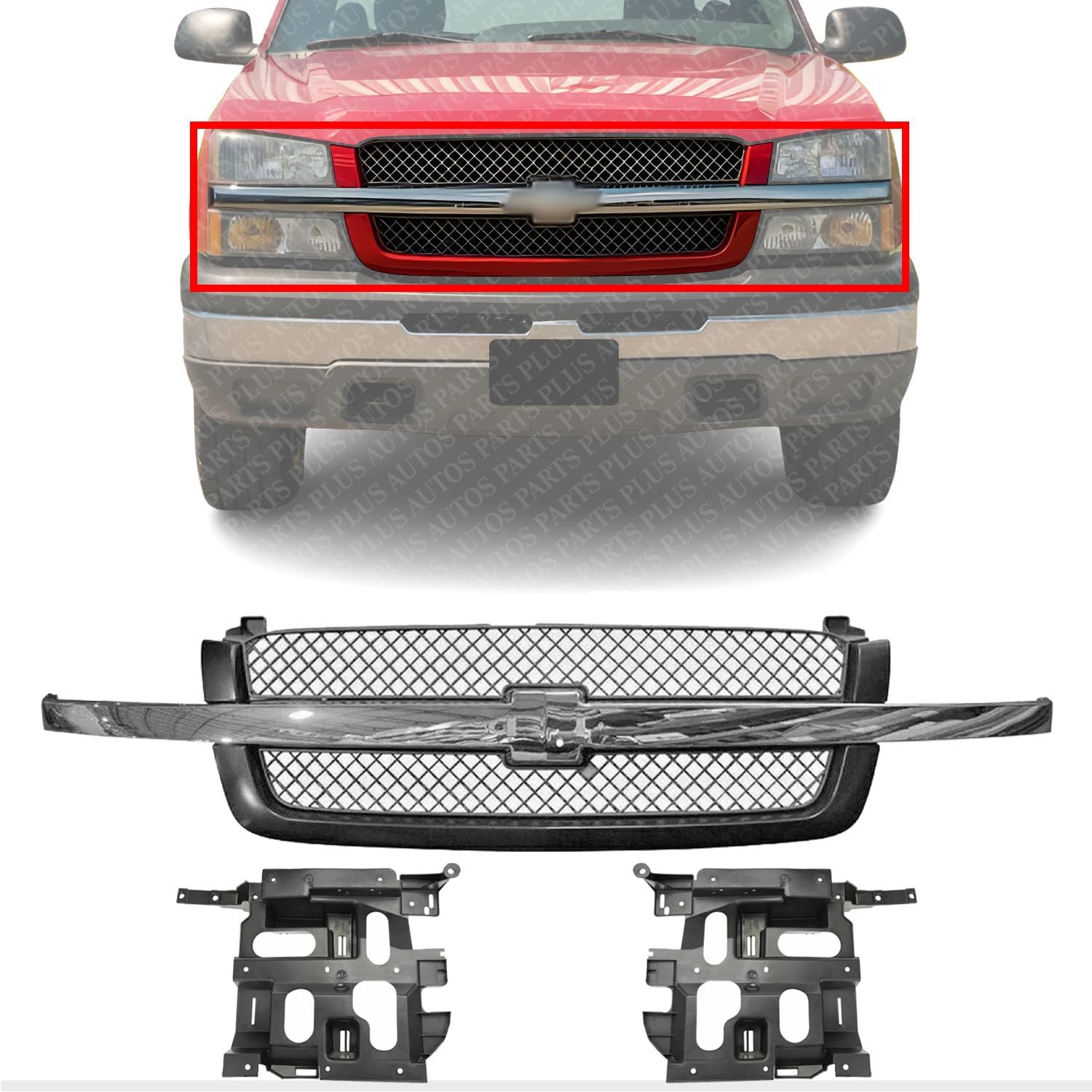 Front Grill Mesh Gray With Chrome Center Bar + Headlight Brackets Left Driver & Right Passenger Side Direct Replacement Compatible With 2003-2006 Chevrolet Silverado 1500 2500 3500