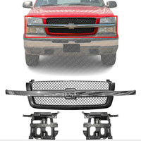 Front Grill Mesh Gray With Chrome Center Bar + Headlight Brackets Left Driver & Right Passenger Side Direct Replacement Compatible With 2003-2006 Chevrolet Silverado 1500 2500 3500