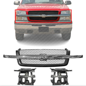 Front Grill Mesh Gray With Chrome Center Bar + Headlight Brackets Left Driver & Right Passenger Side Direct Replacement Compatible With 2003-2006 Chevrolet Silverado 1500 2500 3500