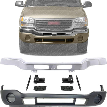 Front Bumper Chrome Steel with Brackets + Lower Valance Primed Without Fog Light Holes Direct Replacement Compatible With GMC Sierra 1500 2500HD 3500 2003-2006 GM1002463 GM1000685