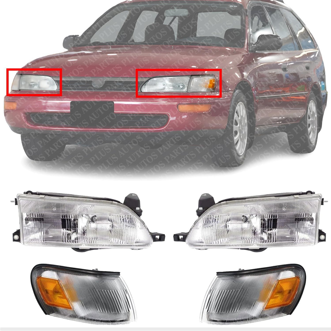 Front Headlights + Corner Lamps Assembly Right Passenger & Left Driver Side Direct Replacement Compatible With Toyota Corolla 1993-1997 TO2503107 TO2502107 TO2550106 TO2551106