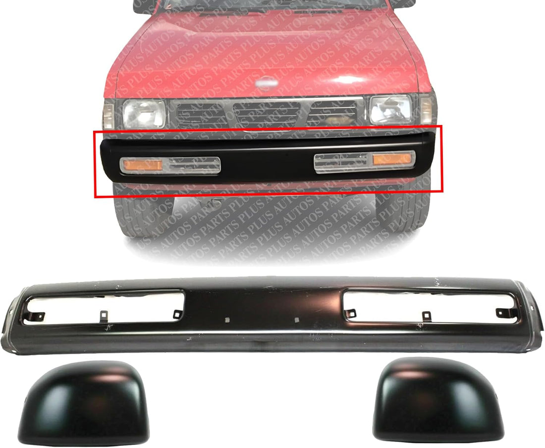 AUTOS PARTS PLUS Front Bumper Steel + Outer End Caps Primed Left Driver & Right Passenger Side Direct Replacement Compatible With 1993-1995 Nissan Pickup NI1004131 NI1005131 NI1002102 6201457G26