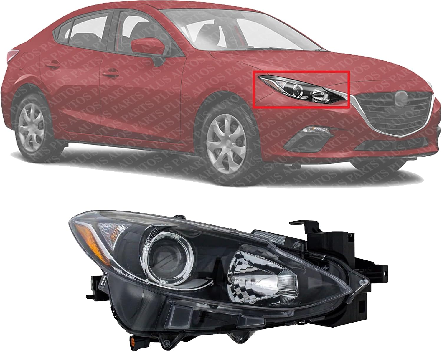 Front Head Light Assembly Plastic Right Passenger Side Direct Replacement Compatible With 2014-2016 Mazda 3 MA2503144 BPW1510K0