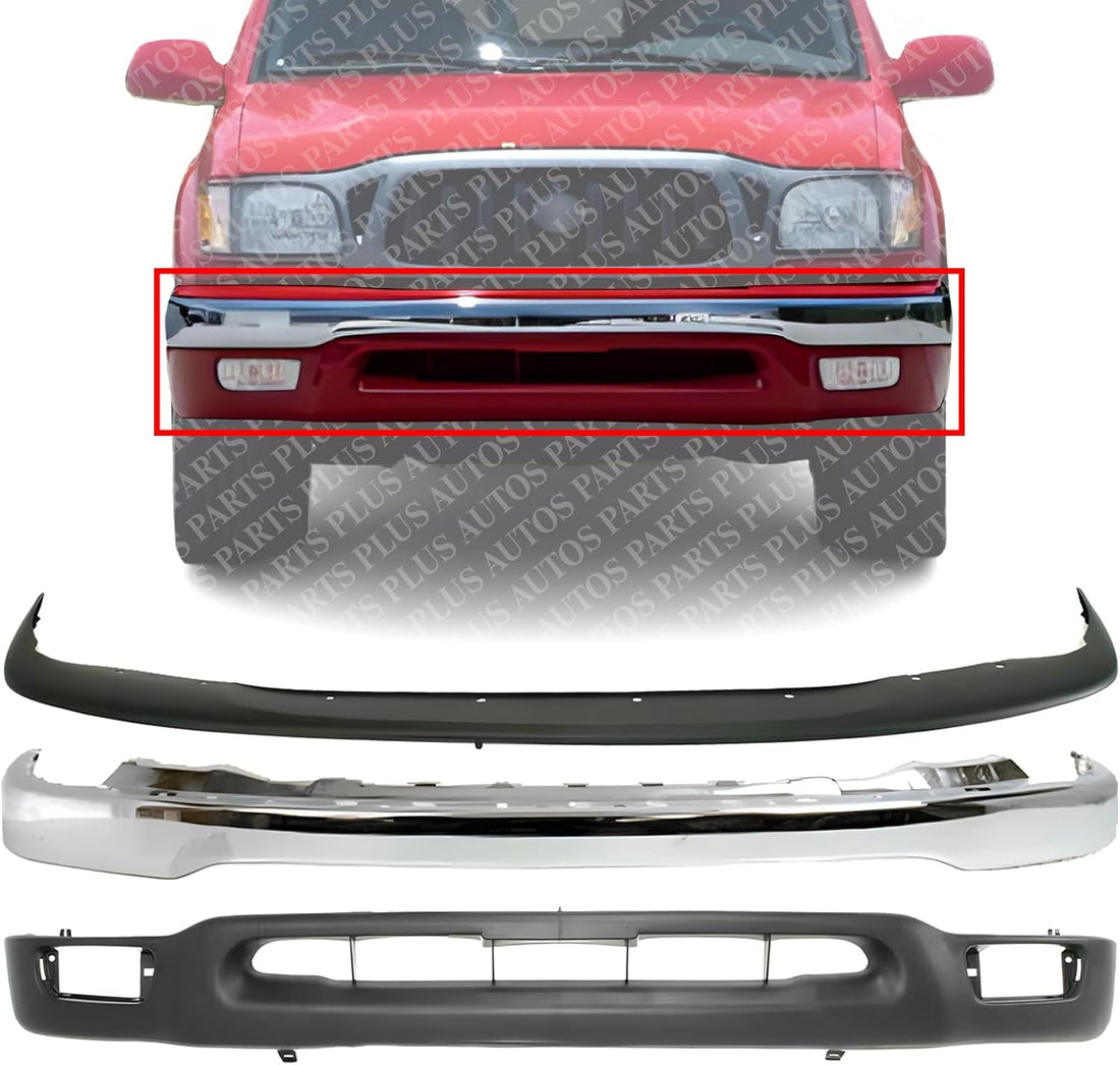 Front Bumper Face Bar Chrome + Upper Filler + Lower Valance Primed Direct Replacement Compatible With 2001-2004 Toyota Tacoma 2WD TO1087112 TO1002174 TO1095131 52119AD010 52101AD030