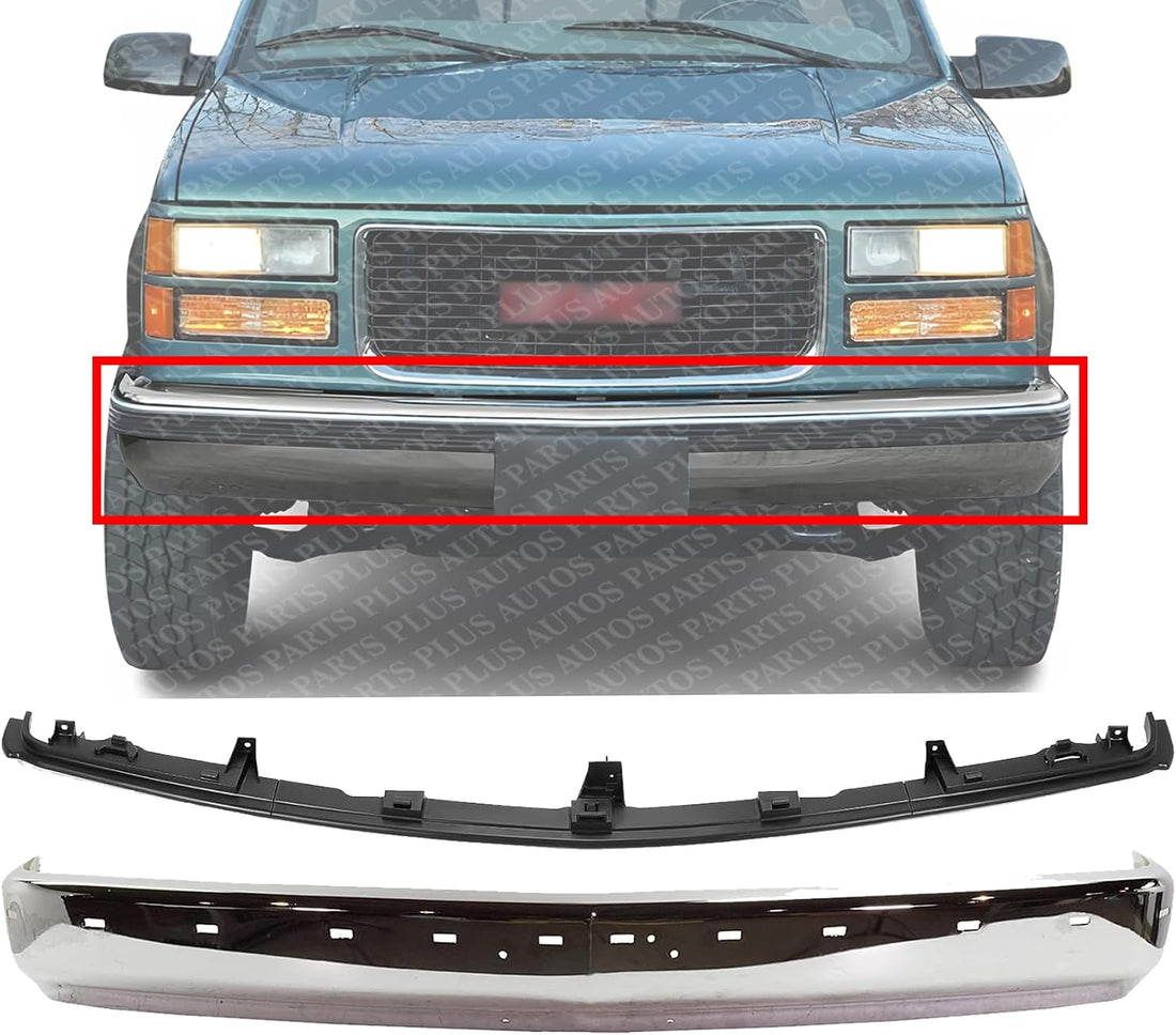 Front Bumper Face Bar Chrome With Pad Holes + Center Filler Primed Direct Replacement Compatible With 1994-2002 Chevrolet & GMC C/K-Series GM1002802 GM1087180 15574111 12376285