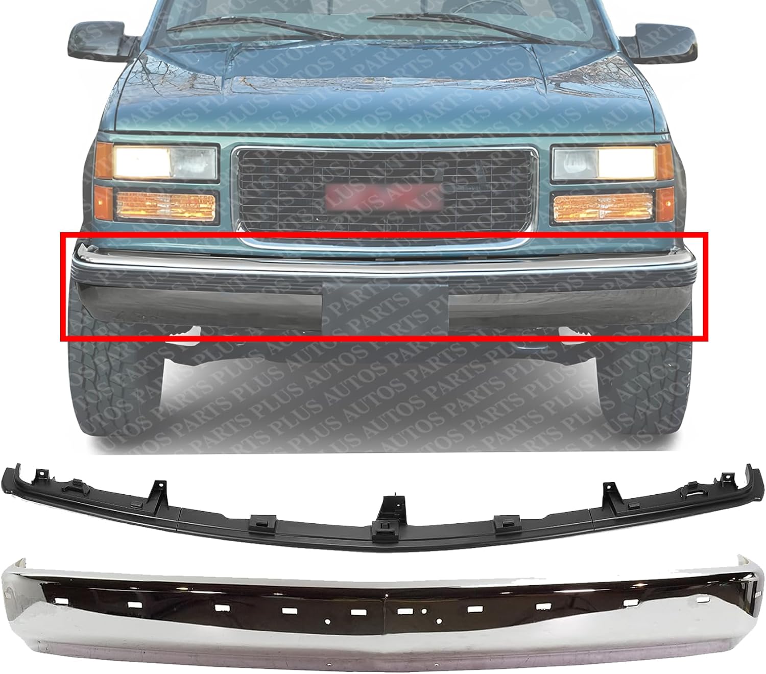 Front Bumper Face Bar Chrome With Pad Holes + Center Filler Primed Direct Replacement Compatible With 1994-2002 Chevrolet & GMC C/K-Series GM1002802 GM1087180 15574111 12376285