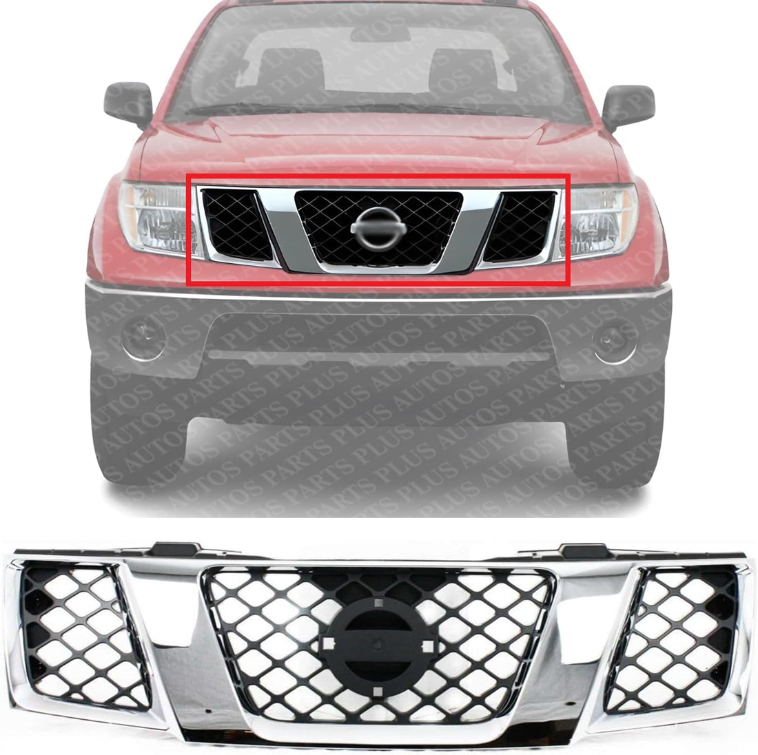 Front Grille Chrome Shell With Black Insert Direct Replacement Compatible With 2005-2007 Nissan Pathfinder / 2005-2008 Frontier NI1200217 62310EA700