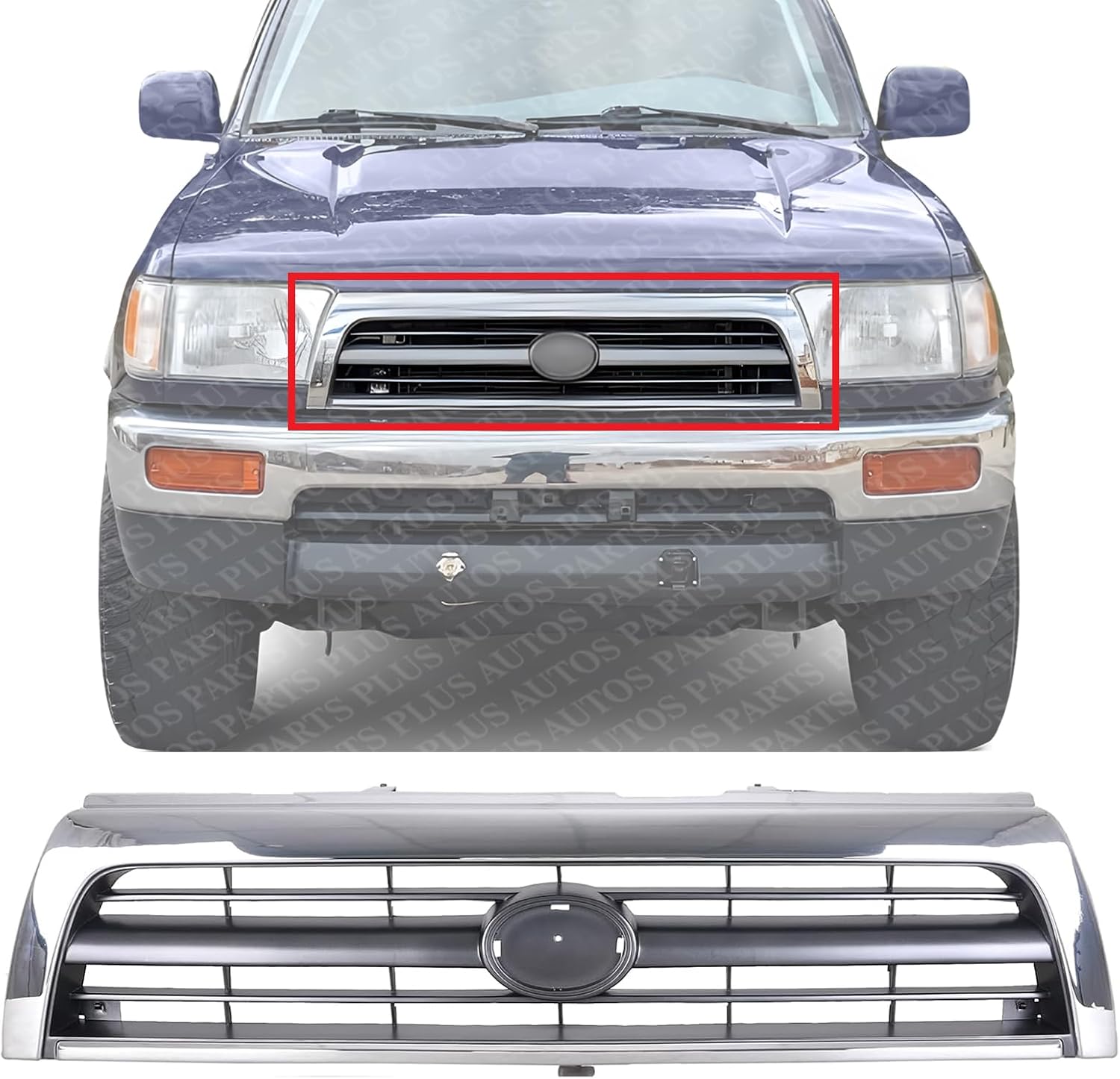 Front Grille Assembly Chrome Shell With Silver Insert Plastic Direct Replacement Compatible With 1996-1998 Toyota 4Runner TO1200202 5311135340