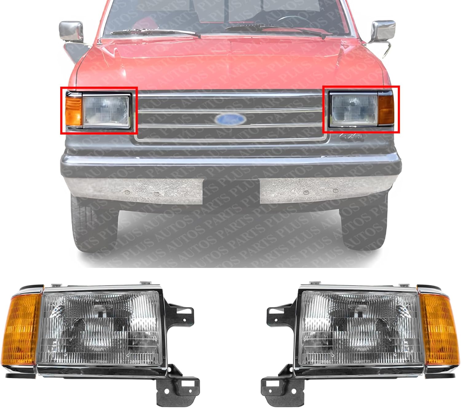 Set Of 2 Front Headlight Assembly With Side Marker Lamps And Chrome Trim Left Driver & Right Passenger Side Direct Replacement Compatible With 1987-1991 Ford F-Series FO2502105