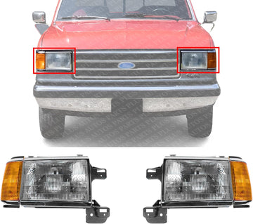 Set Of 2 Front Headlight Assembly With Side Marker Lamps And Chrome Trim Left Driver & Right Passenger Side Direct Replacement Compatible With 1987-1991 Ford F-Series FO2502105