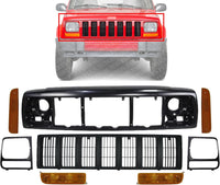 Front Header Panel + Grille + Headlight Doors + Park And Corner Lights Right Passenger & Left Driver Side Direct Replacement Compatible With 1997-2001 Jeep Cherokee CH1220115