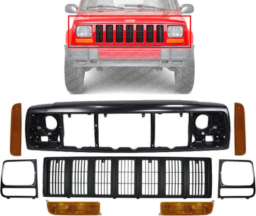 Front Header Panel + Grille + Headlight Doors + Park And Corner Lights Right Passenger & Left Driver Side Direct Replacement Compatible With 1997-2001 Jeep Cherokee CH1220115
