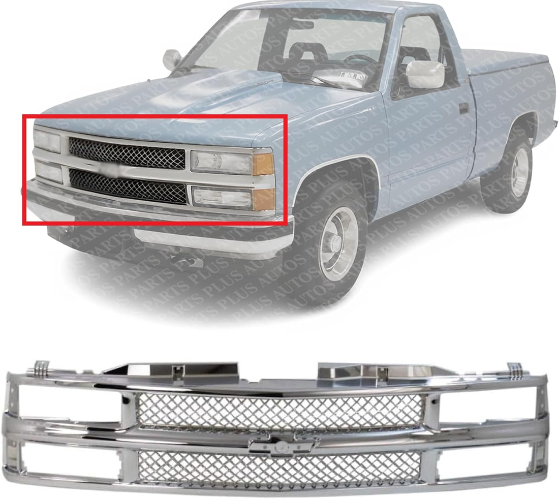 Front Grille Mash Chrome Shell & Insert Direct Replacement Compatible With 1994-2000 Chevrolet C/K Series/Tahoe 15981092-PFM