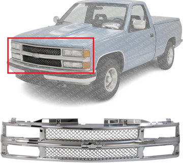 Front Grille Mash Chrome Shell & Insert Direct Replacement Compatible With 1994-2000 Chevrolet C/K Series/Tahoe 15981092-PFM