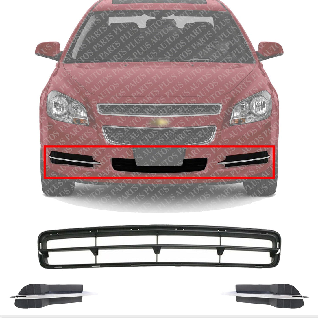 Front Bumper Center Lower Grille Textured + Fog Light Covers Left Driver & Right Passenger Side Direct Replacement Compatible With 2008-2012 Chevrolet Malibu GM1039114 GM1038114