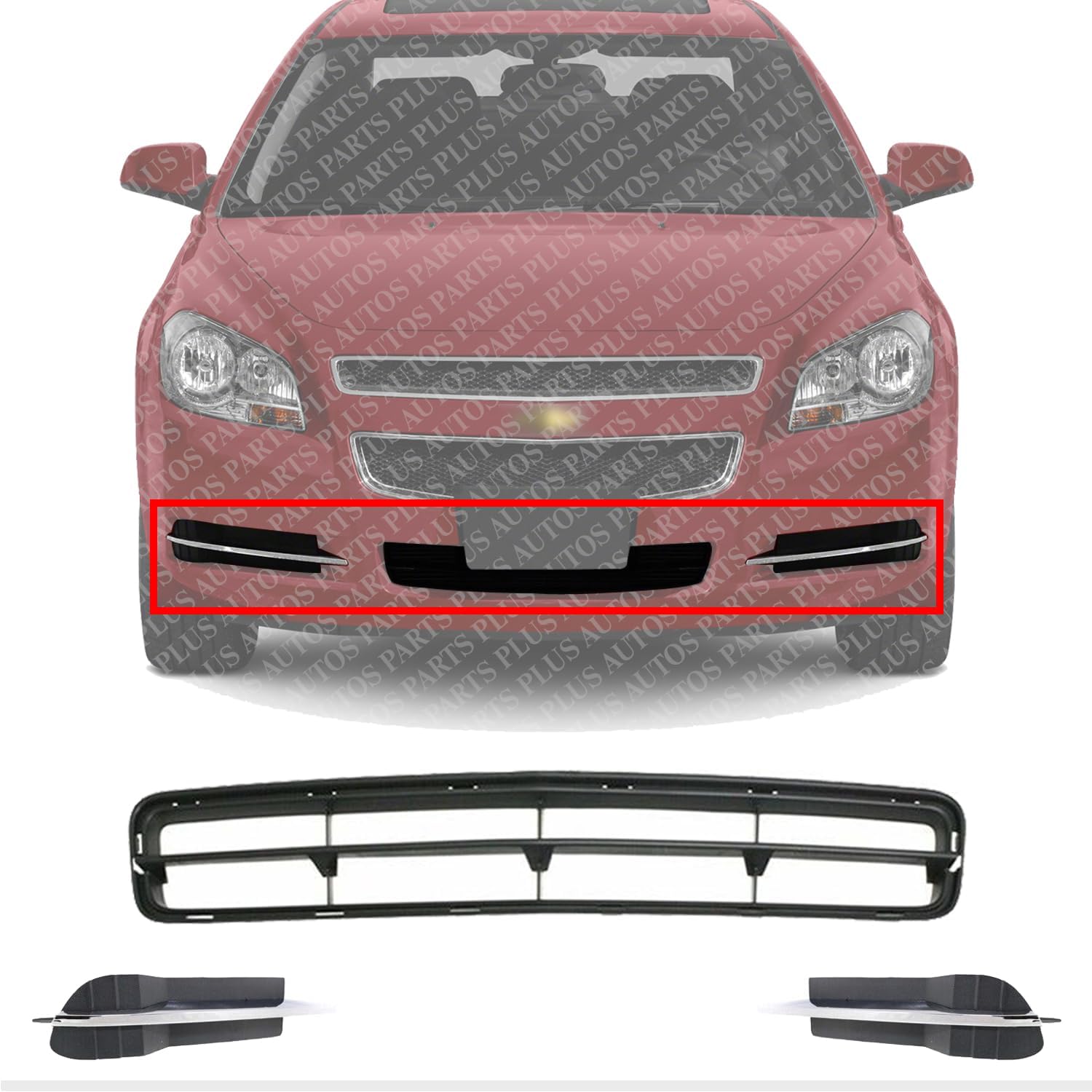 Front Bumper Center Lower Grille Textured + Fog Light Covers Left Driver & Right Passenger Side Direct Replacement Compatible With 2008-2012 Chevrolet Malibu GM1039114 GM1038114