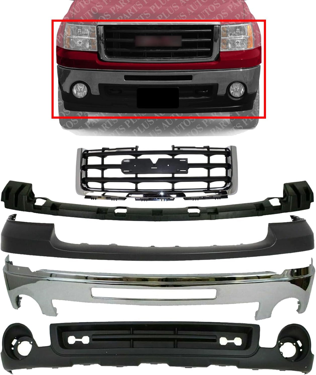 Front Bumper Steel + Grille Chrome Shell/Paintable Insert + Upper Cover Primed + Lower Valance Textured + Bracket Direct Replacement Compatible With GMC Sierra 1500 2007-2013